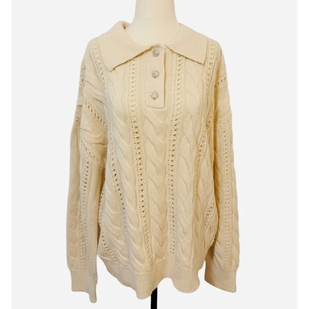 Cleo XXL Cream Cable Knit Collared Sweater with Rhinestone Buttons - Picture 3 of 9